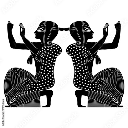 Symmetrical design with two kneeling praying ancient Egyptian men. Ethnic design. Black and white negative silhouette.