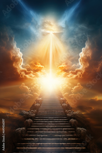 Stairs to heaven. Stairway leading up to heavenly sky towards the light.