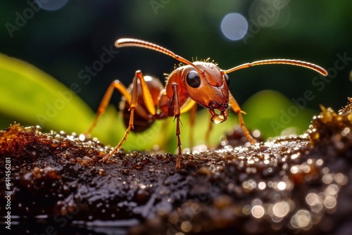 Close up of a red ant on the ground in the rainforest of Thailand. © Oleh