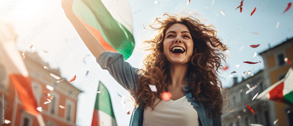 Portrait of pretty and happy Italian woman standing with smile, in front of Italy flags, shouting, celebrating victory or success. Generative ai - obrazy, fototapety, plakaty 