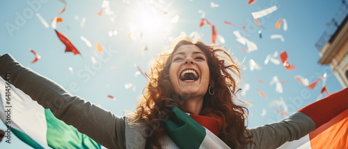 Portrait of pretty and happy Italian woman standing with smile, in front of Italy flags, shouting, celebrating victory or success. Generative ai