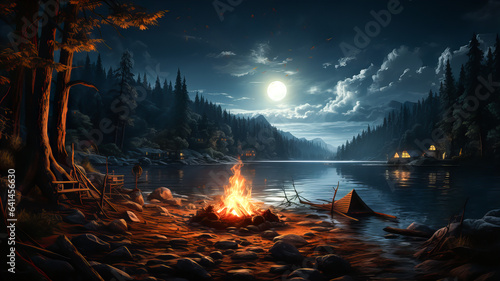 Black background. A small bonfire on the shore of a mountain lake or river. Night scene. Generative AI technology.