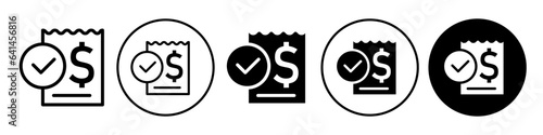 Bill Paid Icon. Financial banking or hotel invoice paid symbol. Flat outline of e commerce product shopping online purchase. Vector set of dollar money payment receipt. Business tax refund logo sign