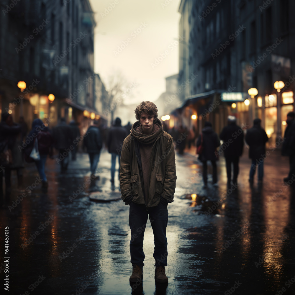 Homeless boy standing alone on a busy city street
