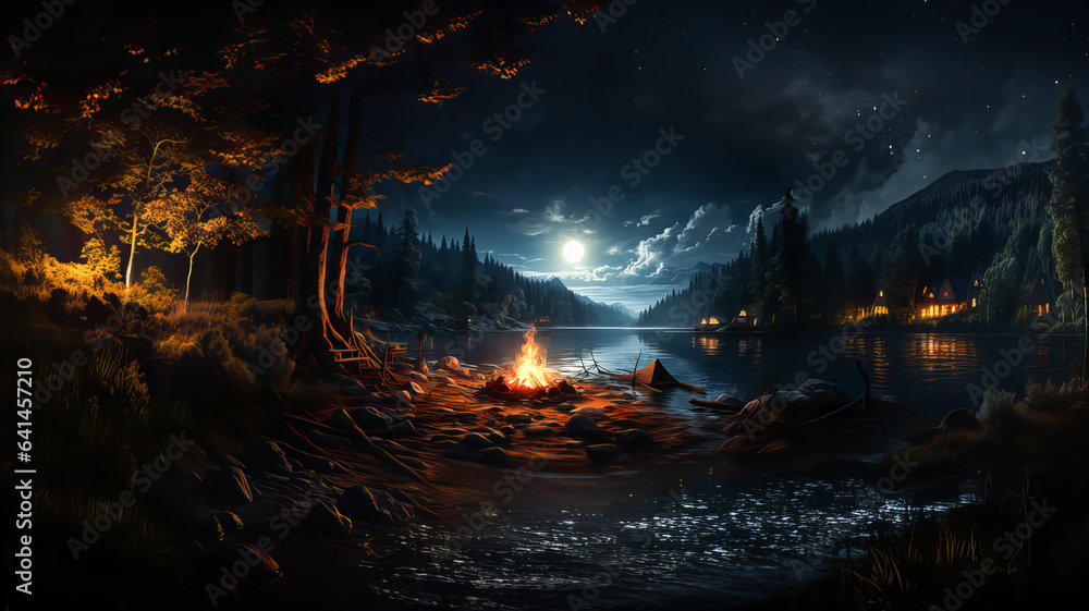 Black background. A small bonfire on the shore of a mountain lake or river. Night scene. Generative AI technology. Black background. A small bonfire on the shore of a mountain lake or river. Night scene. Generative AI technology.