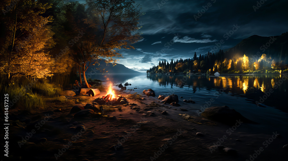 Black background. A small bonfire on the shore of a mountain lake or river. Night scene. Generative AI technology. Black background. A small bonfire on the shore of a mountain lake or river. Night scene. Generative AI technology.
