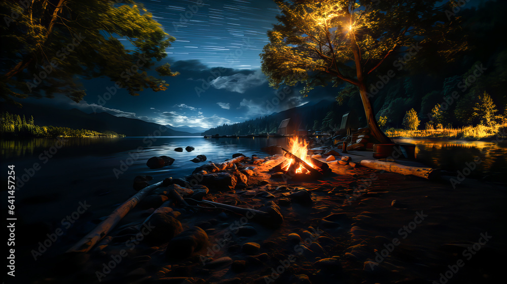 Black background. A small bonfire on the shore of a mountain lake or river. Night scene. Generative AI technology. Black background. A small bonfire on the shore of a mountain lake or river. Night scene. Generative AI technology.