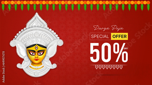Goddess Maa Durga Face in Happy Durga Puja, Dussehra, and Navratri Celebration Concept for Web Banner, Poster, Social Media Post, and Flyer Advertising