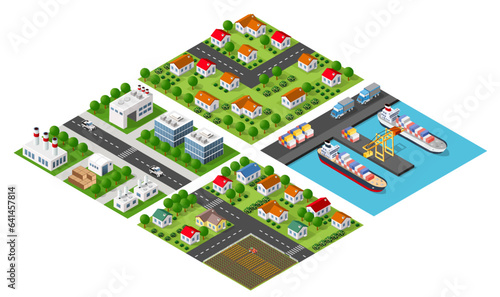 Isometric port cargo ship cargo seaport at sea with crane container transport