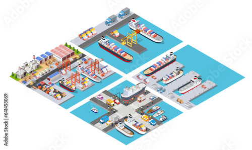 Print op canvas Isometric port cargo ship cargo seaport at sea with crane container transport