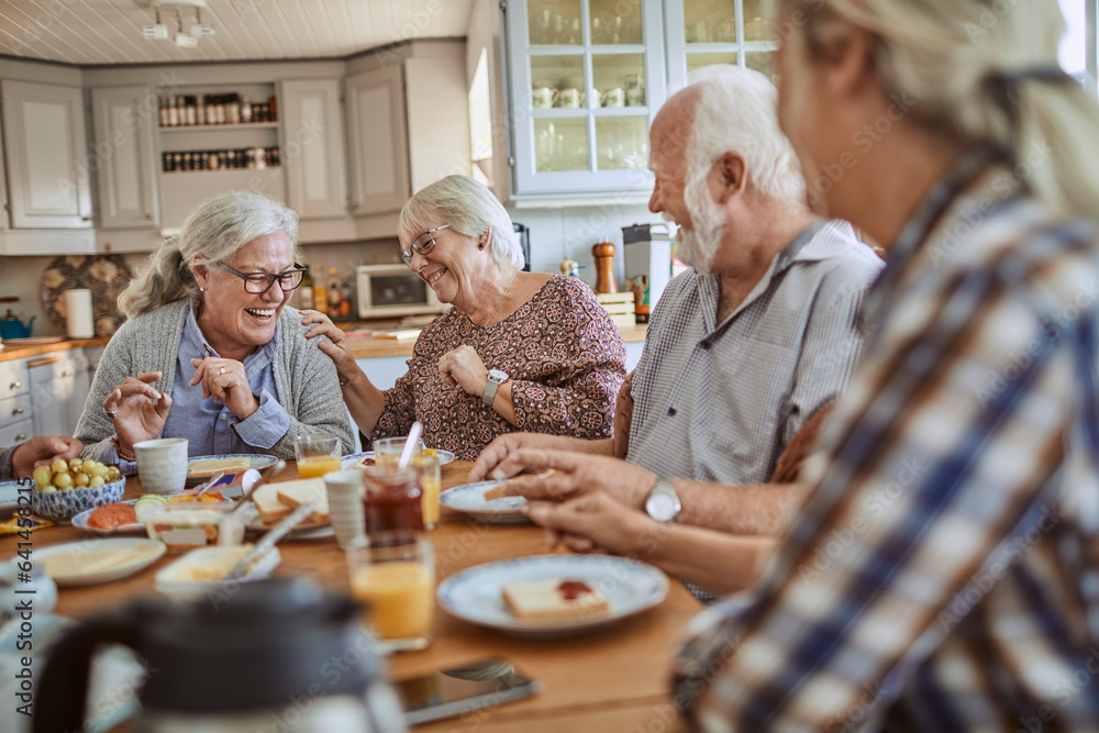 Group of senior friends having breakfast in the morning in the kitchen Group of senior friends having breakfast in the morning in the kitchen