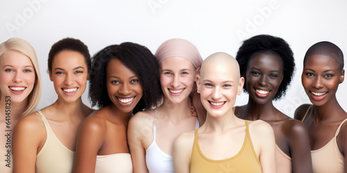 Multiracial Smiling women with no hair suffering from cancer. Bald woman concept. Cancer Awareness Month concept. 