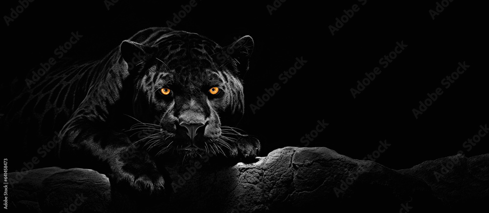 Black Jaguar Lying on Rock on Black Background - obrazy, fototapety, plakaty 