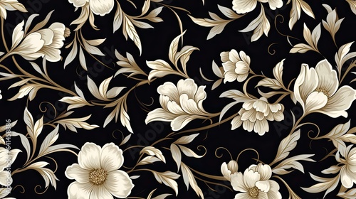 a black floral ornament in a retro style. Showcase intricate flower and curl motifs  evoking a sense of vintage charm and sophistication SEAMLESS PATTERN. SEAMLESS WALLPAPER.