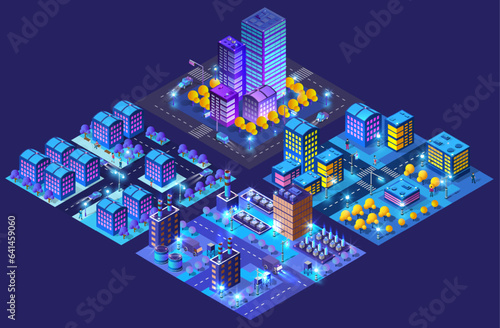 City urban area map Isometric night lights ultraviolet 3D illustration