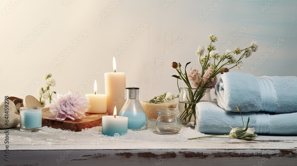 Spa composition in light colors with a carefully thought-out arrangement of bath bombs, brushes and towels. Added elements of aromatherapy to create a soothing atmosphere. Spa composition in light colors with a carefully thought-out arrangement of bath bombs, brushes and towels. Added elements of aromatherapy to create a soothing atmosphere.