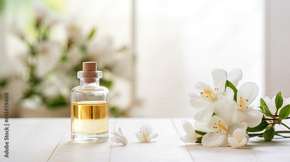 a captivating composition of jasmine essential oil and fresh flowers, thoughtfully placed on a white wooden tabletop. The open space in the image invites the addition of text or messages.