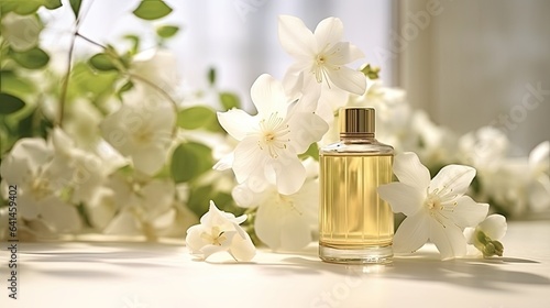 a captivating composition of jasmine essential oil and fresh flowers  thoughtfully placed on a white wooden tabletop. The open space in the image invites the addition of text or messages.