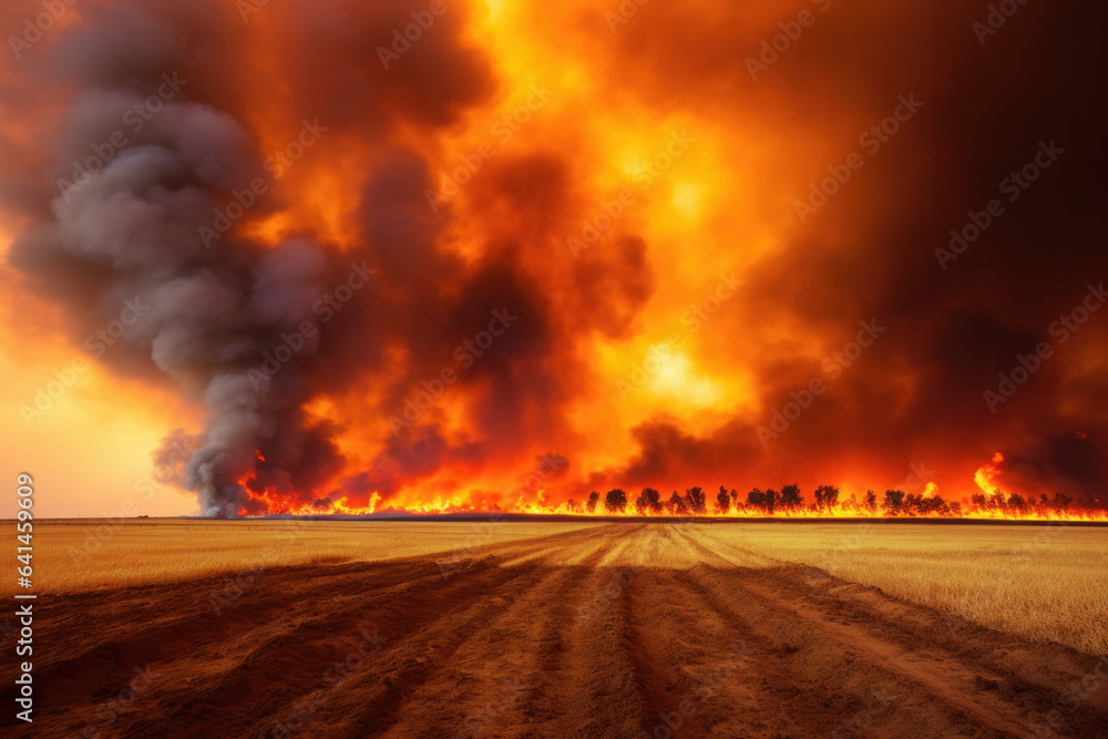 Wildfire destroying agricultural field, the horizon a dramatic blend of flames and smoke under an apocalyptic sky Wildfire destroying agricultural field, the horizon a dramatic blend of flames and smoke under an apocalyptic sky