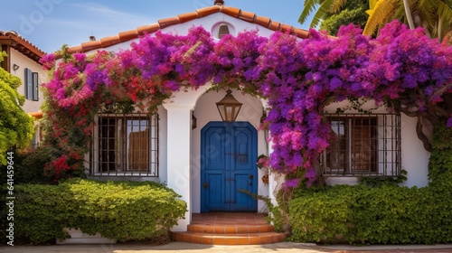 A white house with a blue door and pink flowers  Luxury house exterior design