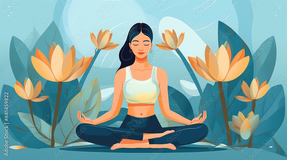 A woman meditates in nature and leaves. Conceptual illustration of yoga, meditation, relaxation, healthy lifestyle. flat style illustration