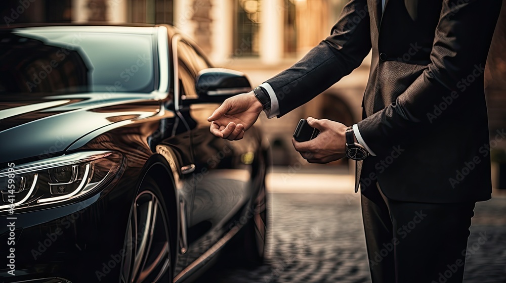 a driver, impeccably dressed, opening the car door with a courteous hand for his passenger. Highlight the subtle interactions and the scene's upscale ambiance a driver, impeccably dressed, opening the car door with a courteous hand for his passenger. Highlight the subtle interactions and the scene's upscale ambiance