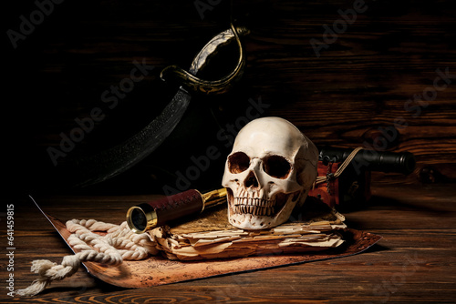 Human skull with old manusc...