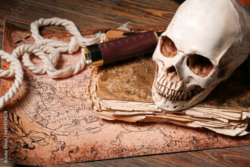 Human skull with old manusc...