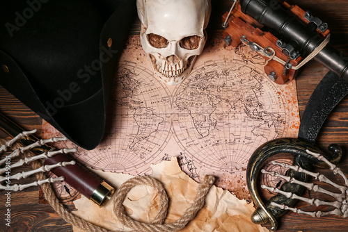 Human skull with world map,...