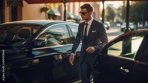 a driver, impeccably dressed, opening the car door with a courteous hand for his passenger. Highlight the subtle interactions and the scene's upscale ambiance