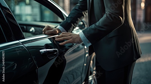 a driver, impeccably dressed, opening the car door with a courteous hand for his passenger. Highlight the subtle interactions and the scene's upscale ambiance