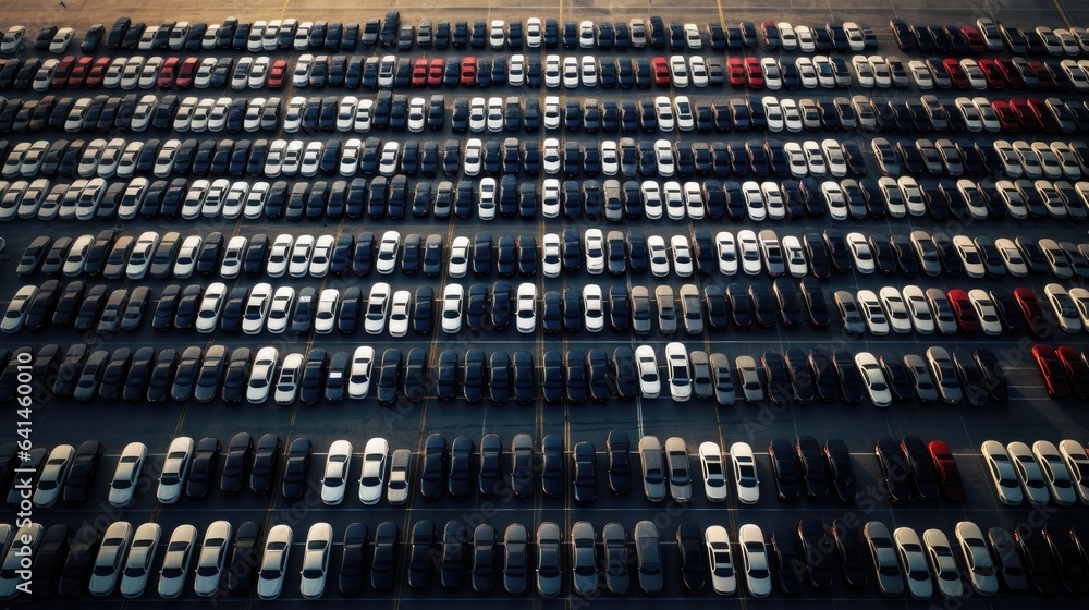 a top view of neatly aligned rows of new cars in a distribution center within the factory, showcasing the meticulous planning that goes into the production chain.