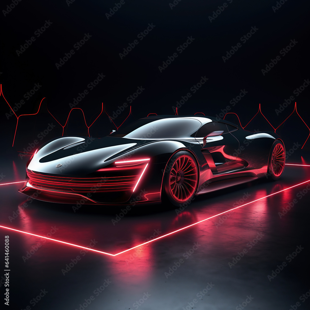 3D rendering of a sports car in neon light on a dark background
