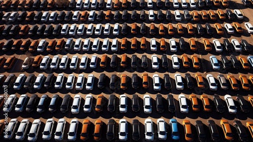 a top view of neatly aligned rows of new cars in a distribution center within the factory  showcasing the meticulous planning that goes into the production chain.