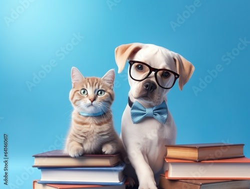 Cat and dog in front of blue background