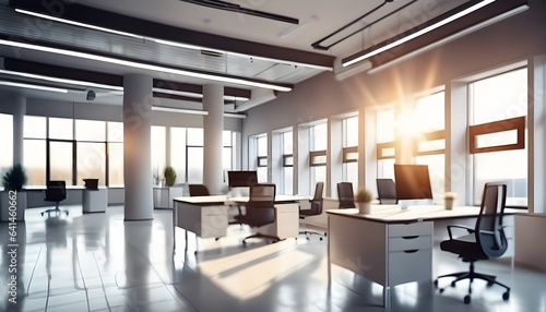 Heller Büroraum - unscharft als Hintergrund mit Glasfassade im Sonnenlicht © Chris