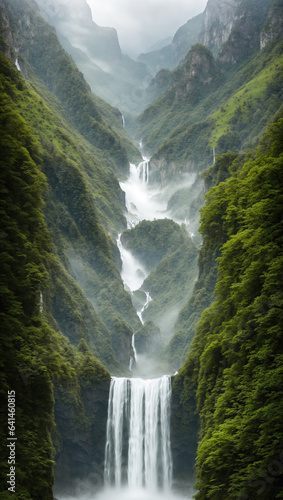 Fototapeta Naklejka Na Ścianę i Meble -  A breathtaking view unfolds, revealing a magnificent cascade and waterfall nestled within a lush valley, framed by towering mountains, shrouded in a gentle mist, with the waters below rushing in.