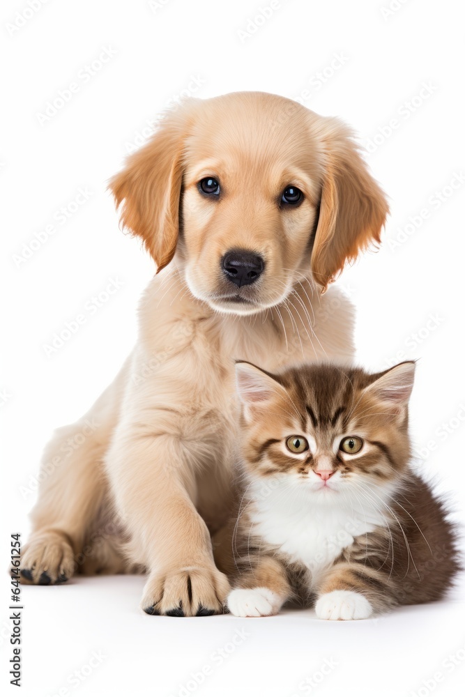 Cute little kitten cat and cute puppy dog together isolated on white background