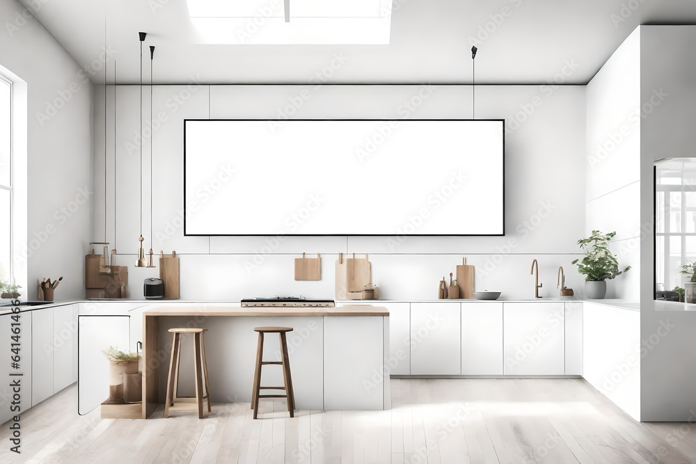 A bright kitchen with minimalist design, featuring a white empty canvas frame for a mockup on a clean, white wall.
A bright kitchen with minimalist design, featuring a white empty canvas frame for a mockup on a clean, white wall.