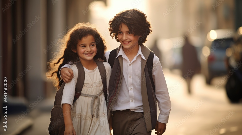 Girl and boy going to the school to study at it. Generative AI