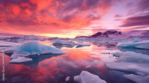 polar landscape at sunset, with the sky aglow in a kaleidoscope of reds, oranges, and pinks, reflecting off the icy mountains and glaciers, showcasing the sublime beauty of nature's vivid canvas.