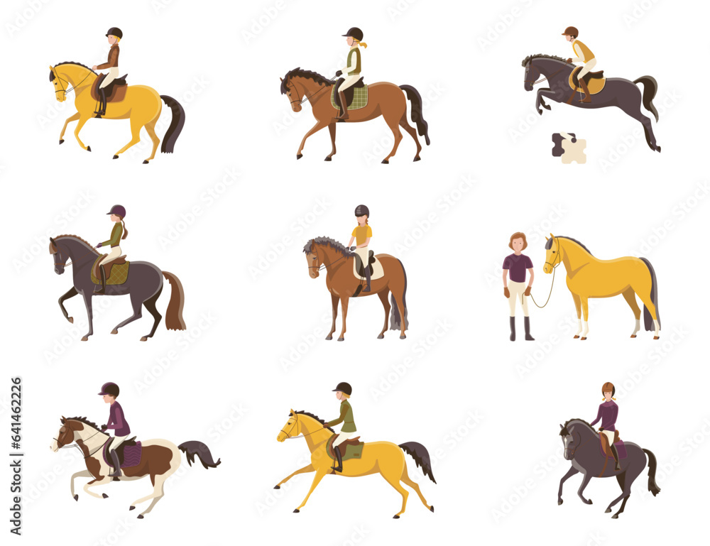 Children's equestrian sports, young riders riding ponies, vector illustration