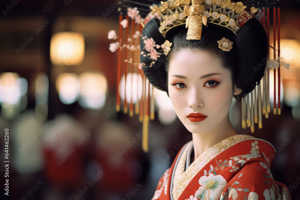 Portrait of beautiful young japanese geisha wearing traditional clothes. Pretty oriental asian woman. Cultural and ethnic diversity.