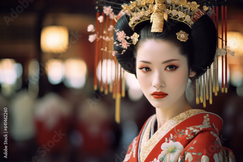 Portrait of beautiful young japanese geisha wearing traditional clothes. Pretty oriental asian woman. Cultural and ethnic diversity.