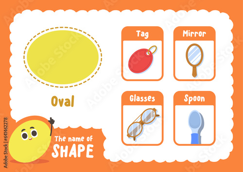 Learning oval shape sheet with object cards, illustration cartoon vector design on white background. kid and study game concept.