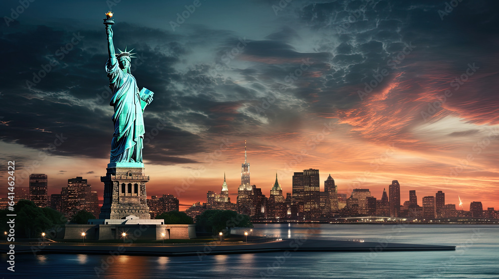 statue of liberty city skyline - obrazy, fototapety, plakaty 