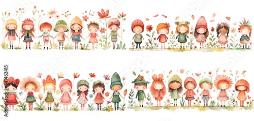 watercolor painting style illustration of cute happy girls play together in spring flower blossom garden, generative Ai © QuietWord