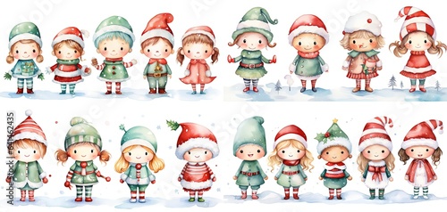 watercolor painting style illustration of cute kids wearing Gnome hat and hood Christmas winter theme, Generative Ai photo