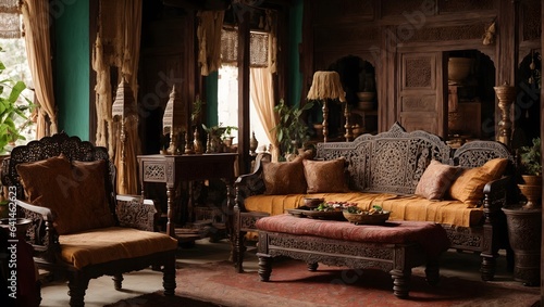 Living room with fireplace. Vintage Indian living room adorned with intricately carved wooden furniture, antique textiles, and traditional artifacts. © Loki Studio
