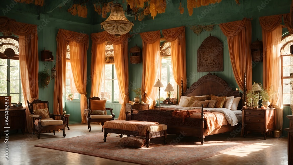 Interior of a hotel. Luxury vintage south Indian style bedroom with a blend of American colonial and indigenous design elements, showcasing high ceilings, ceiling fans, and vintage furnishing.